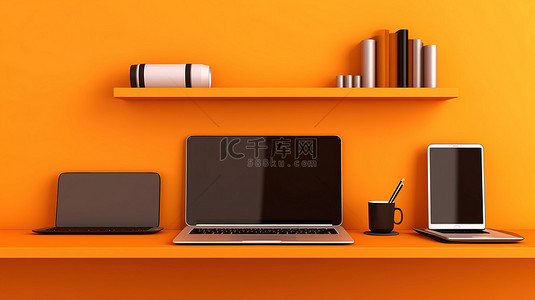 三重技术三重奏笔记本电脑手机和数字平板电脑在充满活力的橙色墙架上 3D 插图
