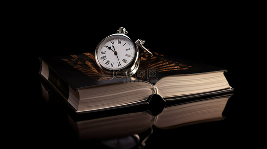 中伏文案背景图片_在黑暗背景下以 3d 形式描绘的时钟和书籍