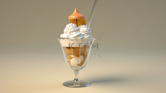 雨伞雨伞背景图片_冰冷的喜悦 一杯冰淇淋的 3D 插图，上面有一把雨伞