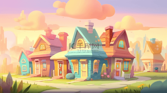 卡通可爱树木背景图片_云朵草地彩色建筑卡通房子背景