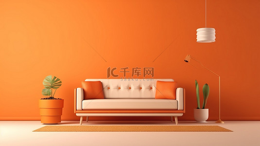充满活力的橙色客厅设计，橙色墙壁背景上带有 3D 渲染