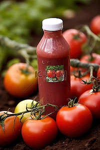 泥土中的新鲜西红柿，番茄汁瓶上贴有标签