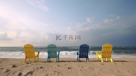 在 3D 渲染中巧妙地安排在沙滩上的大小椅子