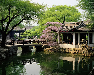 漫步背景图片_有些人在中国花园的水中漫步