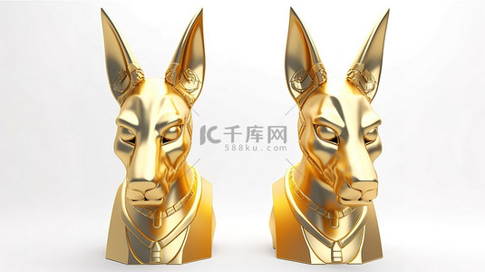埃及金色背景图片_白色背景下金色 3D 渲染的阿努比斯狗头埃及小雕像