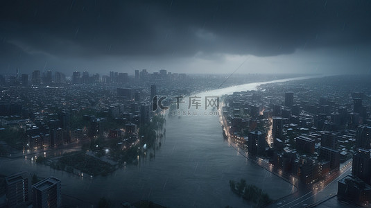 混乱中的城市景观飓风雨雪和风肆虐大都市的 3D 插图