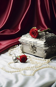 银色玫瑰背景图片_银色首饰盒和缎面玫瑰 PGDHD