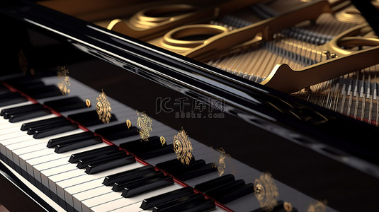 3D 渲染的光滑黑色三角钢琴特写