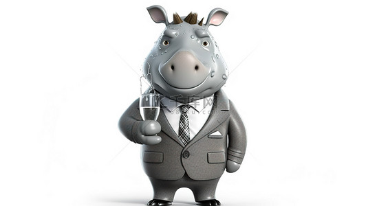 带眼镜动物背景图片_穿着西装的可爱 3d 犀牛拿着一个玻璃滴，带着欢快的微笑