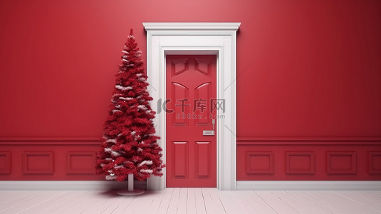 红背景2022背景图片_以圣诞树和醒目的红色门为特色的假日主题 3D 渲染