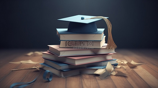 封面杂志模板背景图片_毕业帽和书籍的逼真 3D 渲染包含在线教育概念