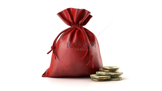 带有白色背景红色钱袋和现金符号的财务储蓄的 3D 渲染