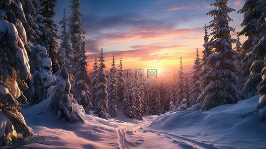 森林的插画背景图片_日落滑雪 3D 艺术中的云杉森林的华丽之旅