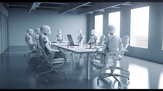 企业会议科技背景背景图片_在现代办公室或会议空间中与笔记本电脑协作的机器人