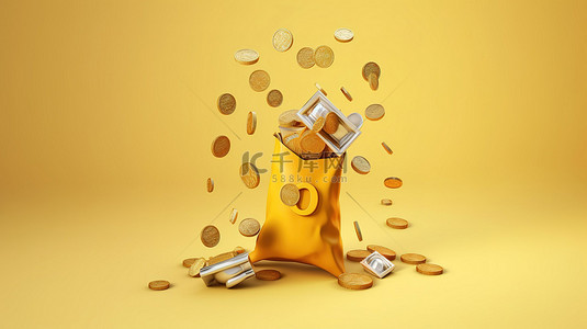 价钱背景图片_带有优惠券和飙升硬币的包装的 3D 渲染
