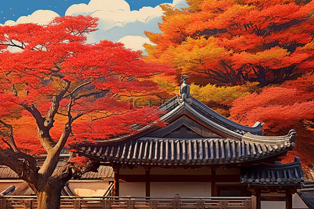 秋山背景图片_一棵美丽的秋树，木屋顶上有五颜六色的叶子