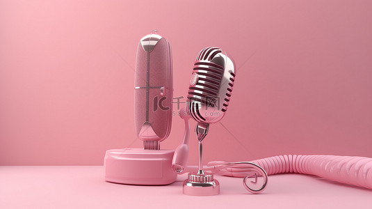 广播播音背景图片_粉红色复古麦克风音乐奖项卡拉 OK 录音室和广播节目的经典音响设备的 3D 插图