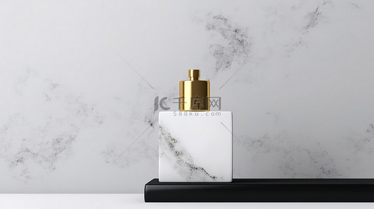金色方形背景图片_花岗岩白色背景的 3D 渲染，带有黑色和金色方形矩形基座，用于化妆品展示