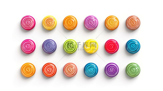 充满活力的甜蜜按钮设置在白色背景 3D 聪明人彩虹糖果插图