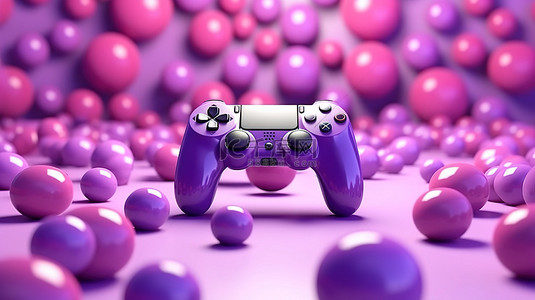 3D 渲染的游戏手柄悬挂在紫色球体之间