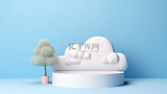 云波浪背景背景图片_柔和的蓝色背景与白色讲台叶云波浪形状元素非常适合 3D 渲染中的产品广告概念