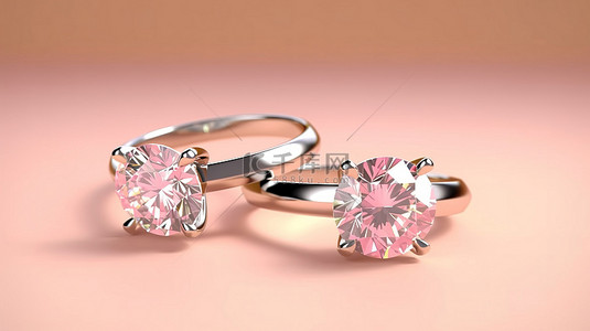 以 3d 形式可视化的充满活力的粉红色背景上的一对圆形钻石戒指