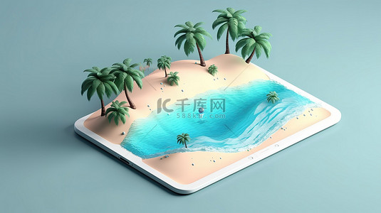 数字逃生等距海滩与棕榈树和蓝色海洋在令人惊叹的 3D 插图