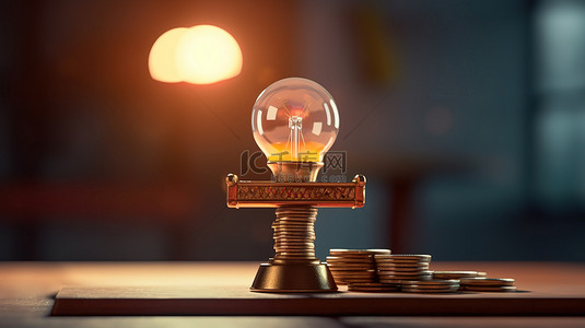创意投资背景图片_概念化教育投资灯泡的 3D 渲染和按比例堆叠硬币