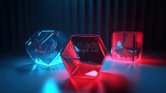 红色和蓝色 3d 照明灯照亮的几何形状