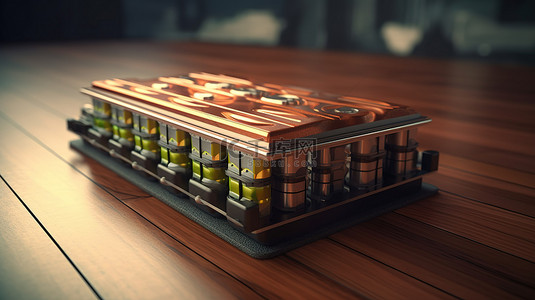 用于电动汽车的创新锂离子电池概念 3D 渲染显示在木桌上