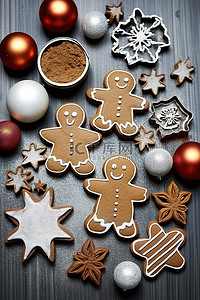 圣诞姜背景图片_木板上的姜饼和装饰品