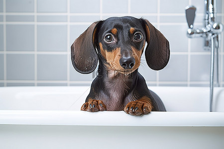 泡澡浴缸背景图片_腊肠犬和狗在浴缸里