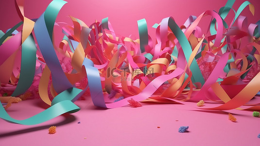 3d 呈现抽象粉红色背景与喜庆的五彩纸屑和五彩缤纷的丝带