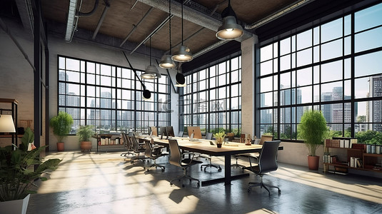 工业阁楼环境中带玻璃天花板和城市景观的当代联合办公空间的 3D 渲染