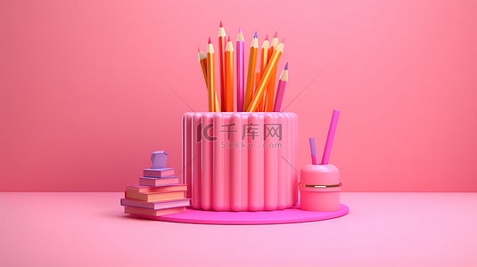 3d 霓虹粉色回到学校产品展示架，侧面有铅笔和书籍