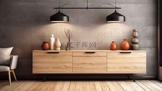 现代客厅设计，配有木制餐边柜和 3D 创建的优雅灯光