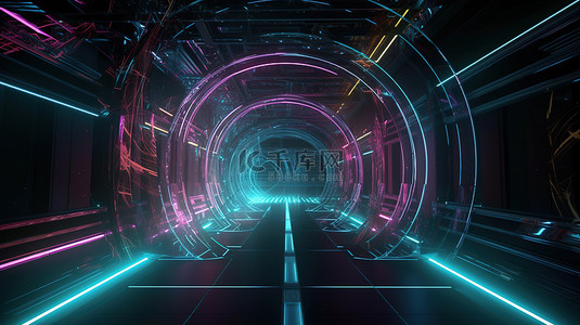 发光的霓虹灯照亮未来派 3D 渲染中的城市隧道