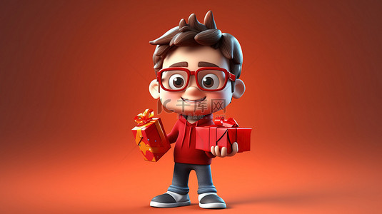 红色礼物给俏皮的 3D 卡通人物带来欢乐