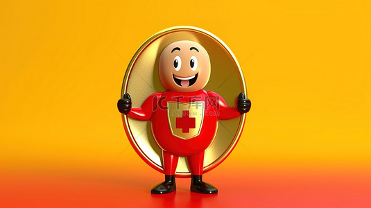 红色奖杯背景图片_吉祥物人物角色的 3D 渲染，带有金奖奖杯和黄色背景上的红色金属盾