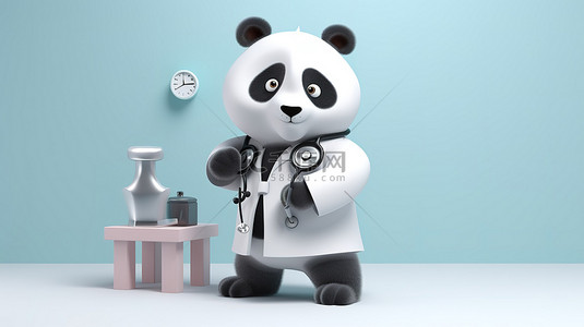 医生听诊器背景图片_熊猫医生 穿着医疗服的熊猫的幽默 3D 渲染