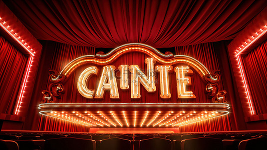红色剧院幕布上灯泡字母拼写“音乐会”的 3D 渲染