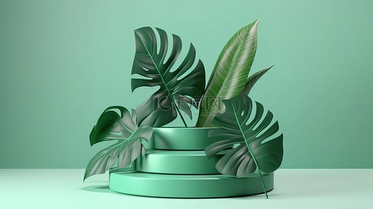 绿色舞台装饰背景图片_绿色背景与 3D 讲台装饰着 Monstera 棕榈树装饰 3D 插图