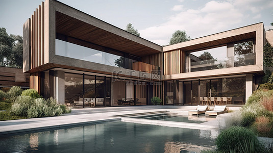 花园阳台背景图片_现代木材和混凝土别墅，拥有令人惊叹的花园和游泳池 3D 渲染