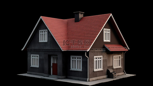 带深红色屋顶和深色立面的小型住宅的 3d 插图