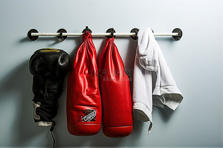 壁挂的拳击手套毛巾和水瓶