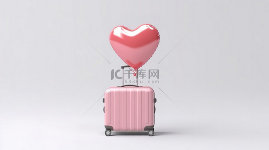 爱心箱背景图片_白色孤立背景上心形气球和粉色手提箱的 3D 插图