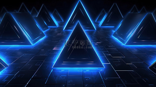 3D 渲染的深色抽象背景，中心有蓝色发光三角形