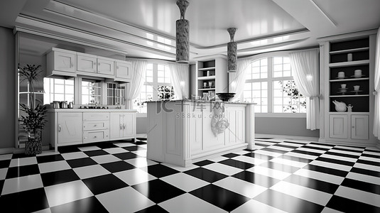 （黑白）背景图片_黑白装饰艺术厨房的 3D 渲染，配有国际象棋地板和厨房岛