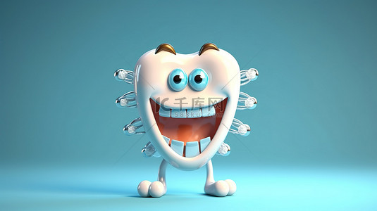 卡通牙齿牙齿背景图片_带牙套的卡通人物通过检查和护理促进牙齿健康和卫生 3D 插图
