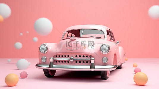 风格化的复古玩具车，在 3D 渲染场景中具有复古粉色和珊瑚色